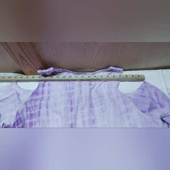 Avon Open Shoulder Blouse/Size L 12-14/Lightweight Purple Tie Dye Ruffle Sleeve - Picture 14 of 14